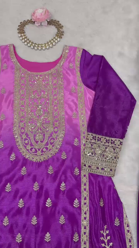 Shaded Chinon Silk Embroidered Top Palazzo Set with Dupatta