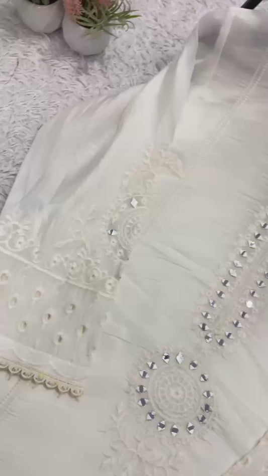 Mal Chanderi Hand Mirror Embroidered Suit Set with Palazzo & Organza Dupatta