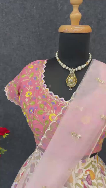 Pastel Pink Floral Print Organza Lehenga Choli Set with Embroidered Blouse