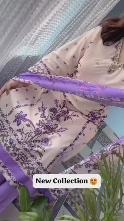 White & Lavender Floral Printed Cotton Kurta Set with Dupatta