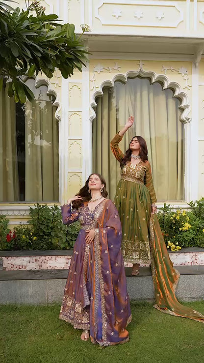 Rang Rasiya Dual Tone Fendy Satin Embroidered Gown Set with Dupatta