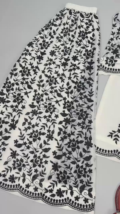 Classic White and Black Embroidered Sharara Suit Set with Scalloped Dupatta