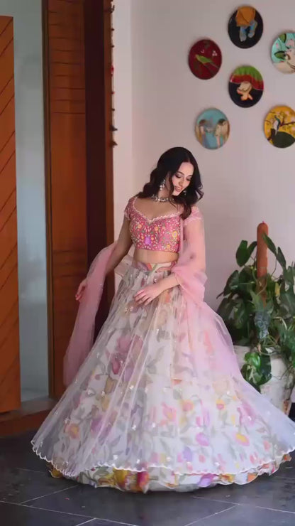 Pastel Pink Floral Print Organza Lehenga Choli Set with Embroidered Blouse