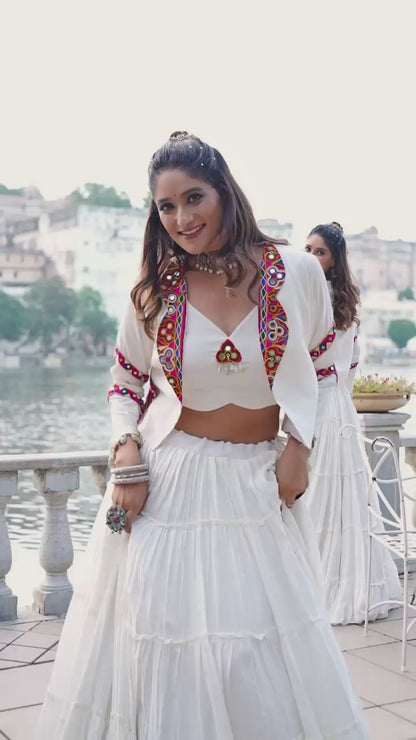 Pure Rayon Gamthi Work Lehenga Set with Mirror Work Jacket & Blouse