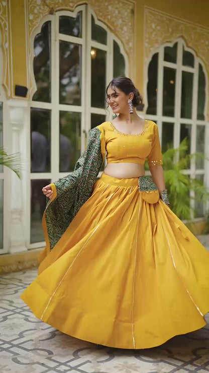Mustard Sunshine Festive Lehenga Set with Waist Pouch & Green Dupatta 🌸