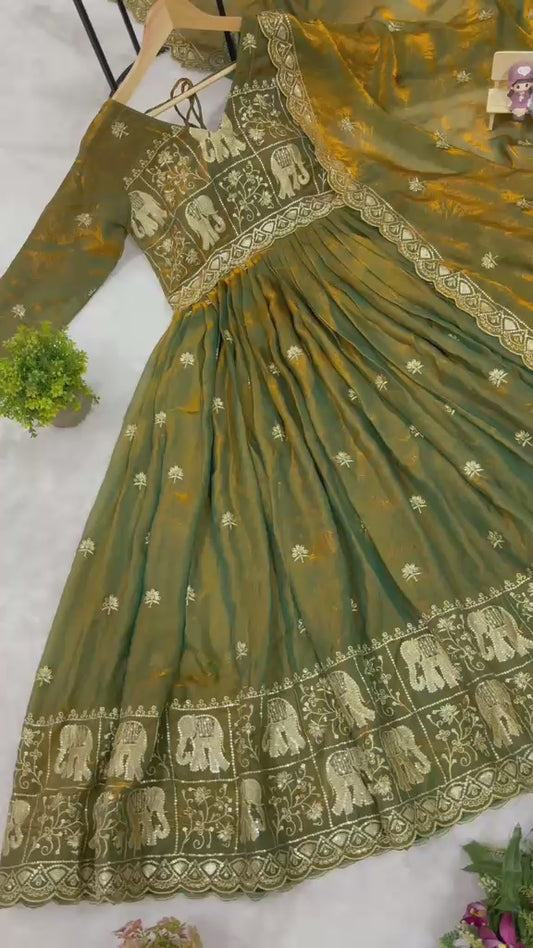 Rang Rasiya Dual Tone Fendy Satin Embroidered Gown Set with Dupatta