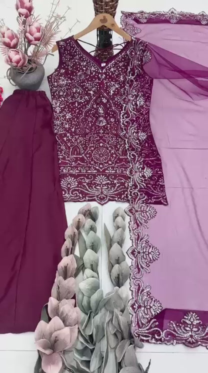 Designer Heavy Star Georgette Embroidered Suit Set with Palazzo & Dupatta