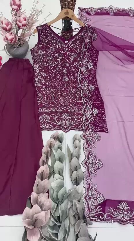 Designer Heavy Star Georgette Embroidered Suit Set with Palazzo & Dupatta