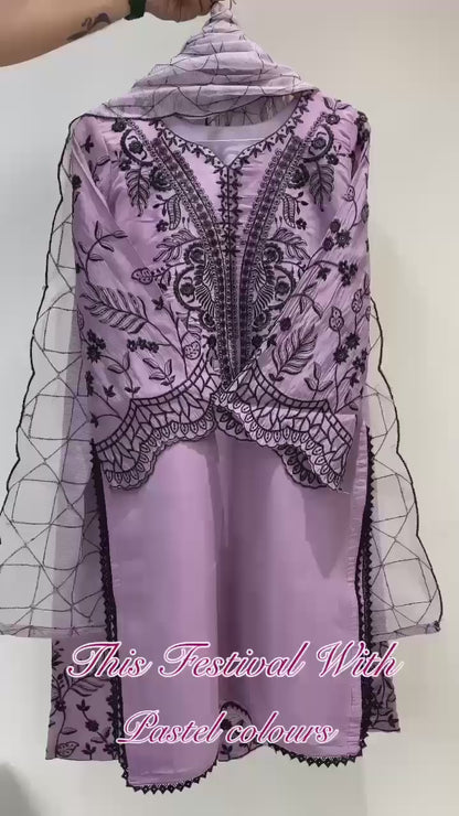 Mal Cotton Sequence Embroidered Suit Set with Palazzo & Organza Dupatta