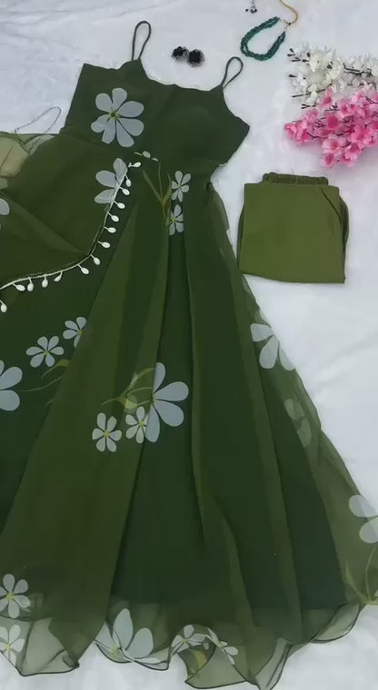Floral Printed Organza Anarkali Gown Set with Bottom & Dupatta
