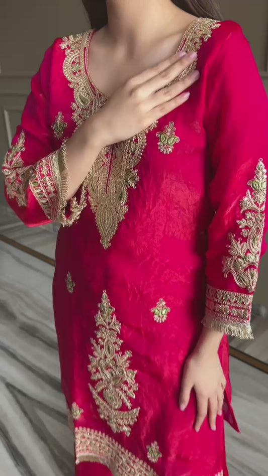 Designer Fendi Satin Embellishment Embroidered Suit Set with Palazzo & Dupatta