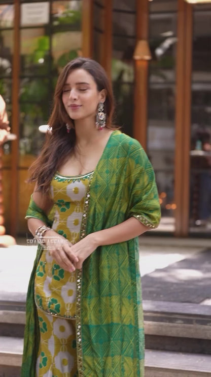 Mustard Floral Printed Cotton Blend Straight Kurta Set with Green Dupatta for Women