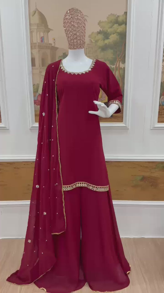 Heavy Faux Georgette Real Mirror Work Suit Set with Palazzo & Dupatta