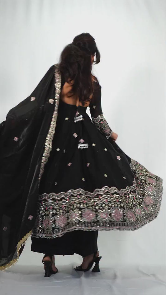 Designer Fendy Silk Anarkali Set with Pant & Embroidered Dupatta