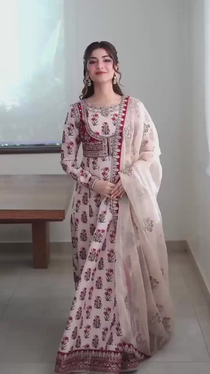 Crepe Digital Print Embroidered Designer Gown with Butterfly Net Dupatta
