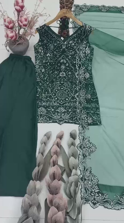 Designer Heavy Star Georgette Embroidered Suit Set with Palazzo & Dupatta