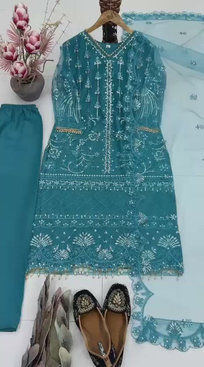 Designer Heavy Soft Net Sharara Suit Set with Pearl Handwork Dupatta