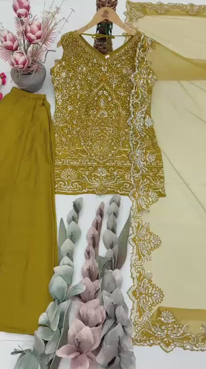 Designer Heavy Star Georgette Embroidered Suit Set with Palazzo & Dupatta